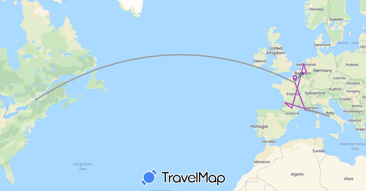 TravelMap itinerary: driving, bus, plane, train in Belgium, Canada, France, Italy, Netherlands (Europe, North America)